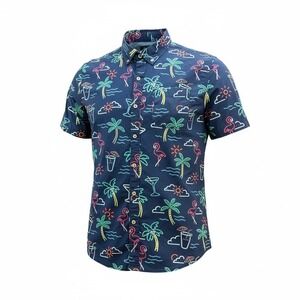 Chubbies Mens‎ Navy Neon Flamingo Palm Tree Cocktail Hawaiian Button Up Shirt XL